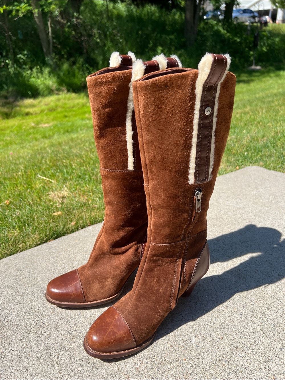 UGG Chestnut Brown Suede Leather Shearling-Trim Pull-on Cap Toe Knee High Boots